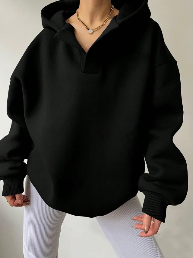 Women's Solid Color Hoodies Long Sleeve Hooded Solid Color Loose Sweater Black - Shop at LoveMi