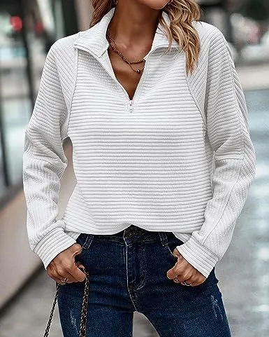 Knitwear Zipper Sports Women's Clothing Loose Pullover Top White - Shop at LoveMi