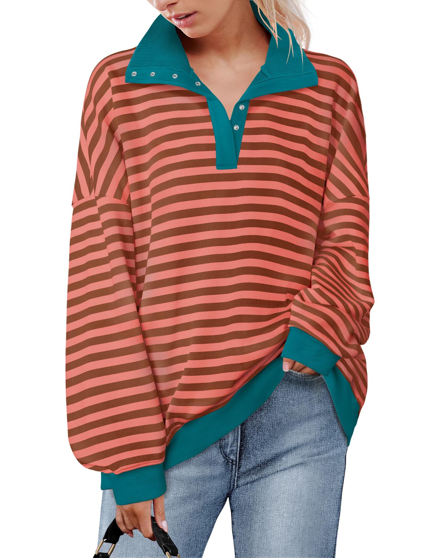 Casual Polo Collar Button Striped Sweater For Women Peacock Green - Shop at LoveMi