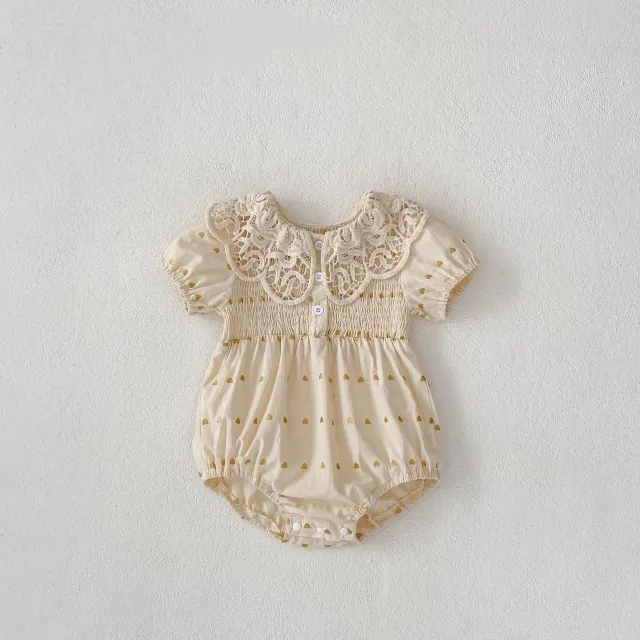 Big Lace Lapel Heart Printing Short Sleeved Kazakhstan Young Baby Girl Onesie Jumpsuit Apricot - Shop at LoveMi