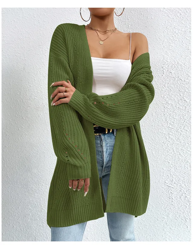 Solid Color SweaterLoose Medium Length Sweater Jacket Knitted Cardigan Green - Shop at LoveMi