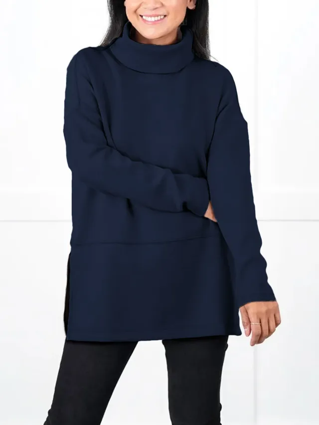 Large Size Multicolor Minimalism Turtleneck Top Navy Blue - Shop at LoveMi