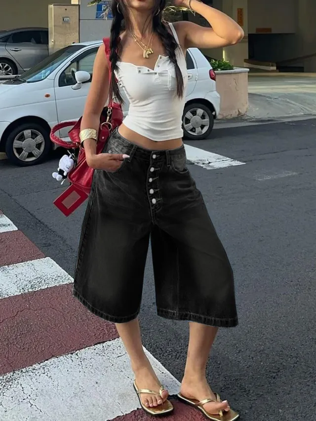 Multi breasted Denim Shorts Black - Shop at LoveMi