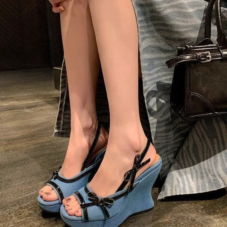 Denim Peep-toe Wedge Sandals