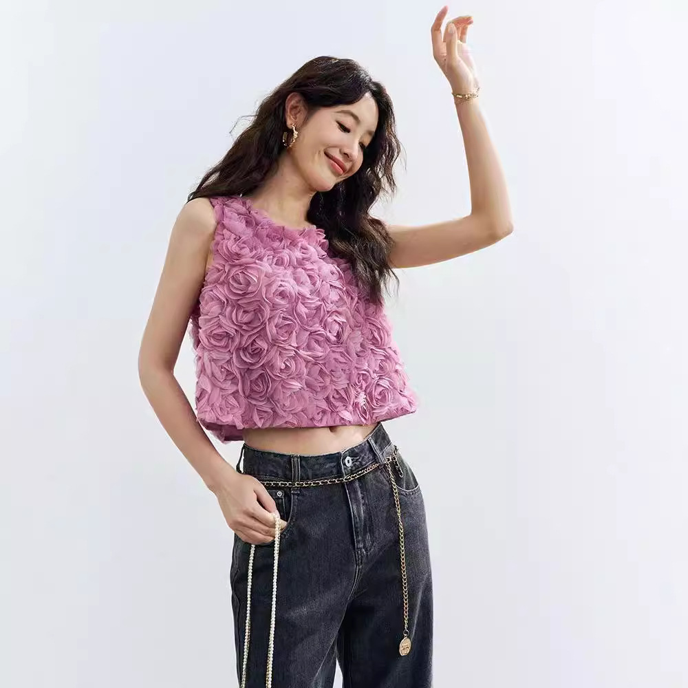 Women's Three-dimensional Rose Sleeveless Vest Short Loose Top