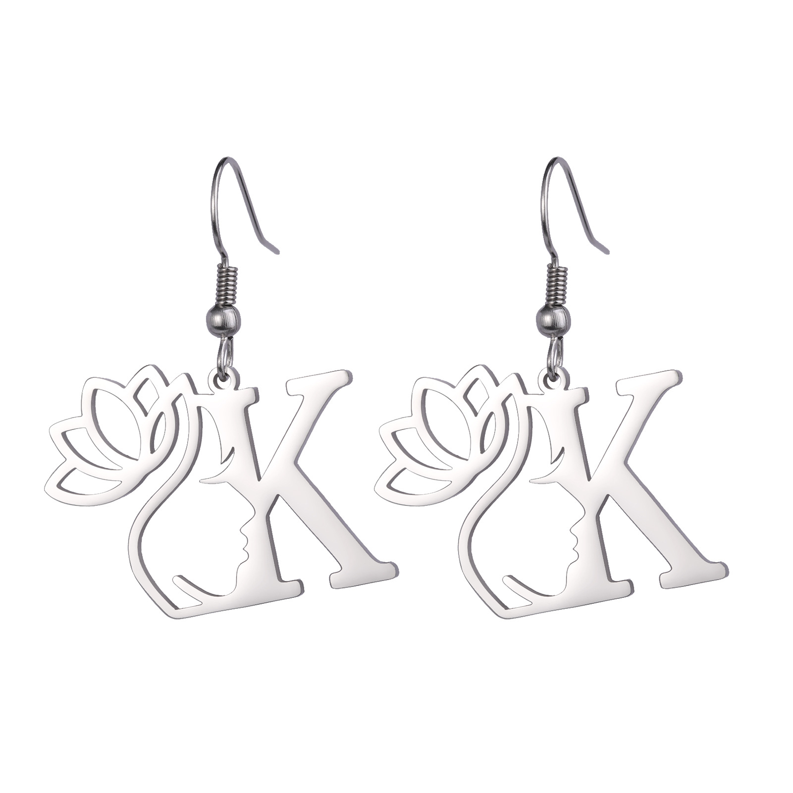 Lotus Letter Pendant Earrings A- Z Initial Stainless Steel Women's Earrings
