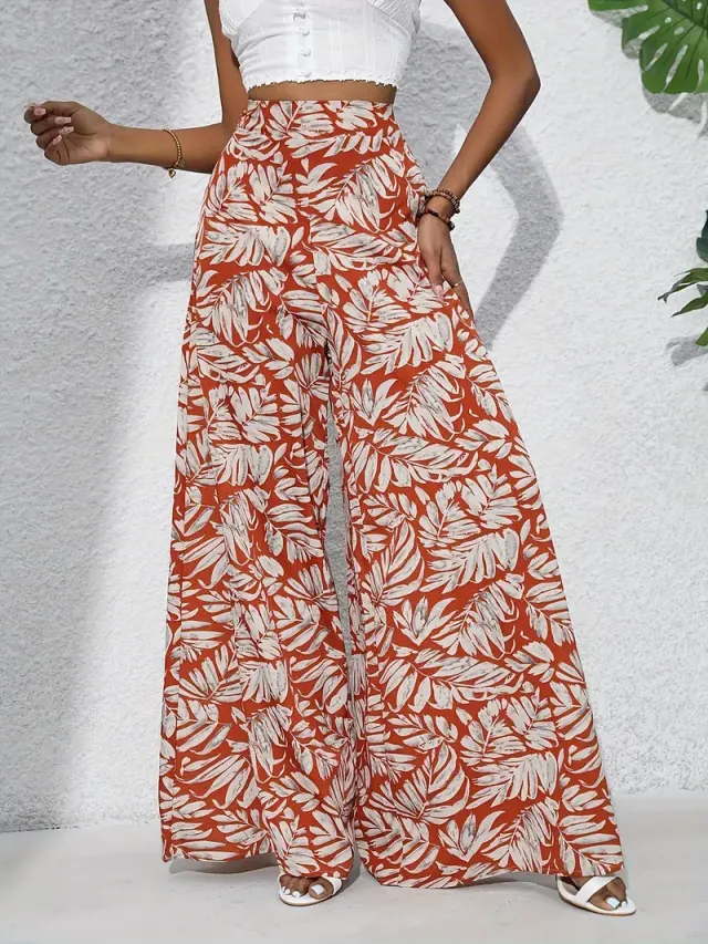 Printed Casual High Waist Wide Leg Pants Trousers Red - Shop at LoveMi