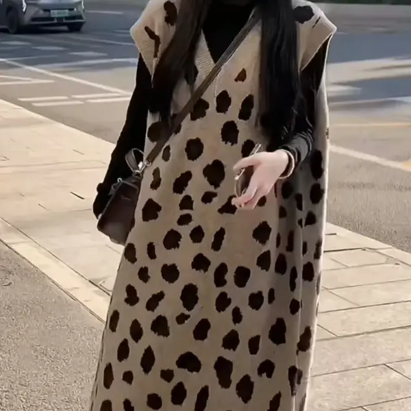 Womens Relaxed-fit Leopard-print Knitted Fashion Midi Vest