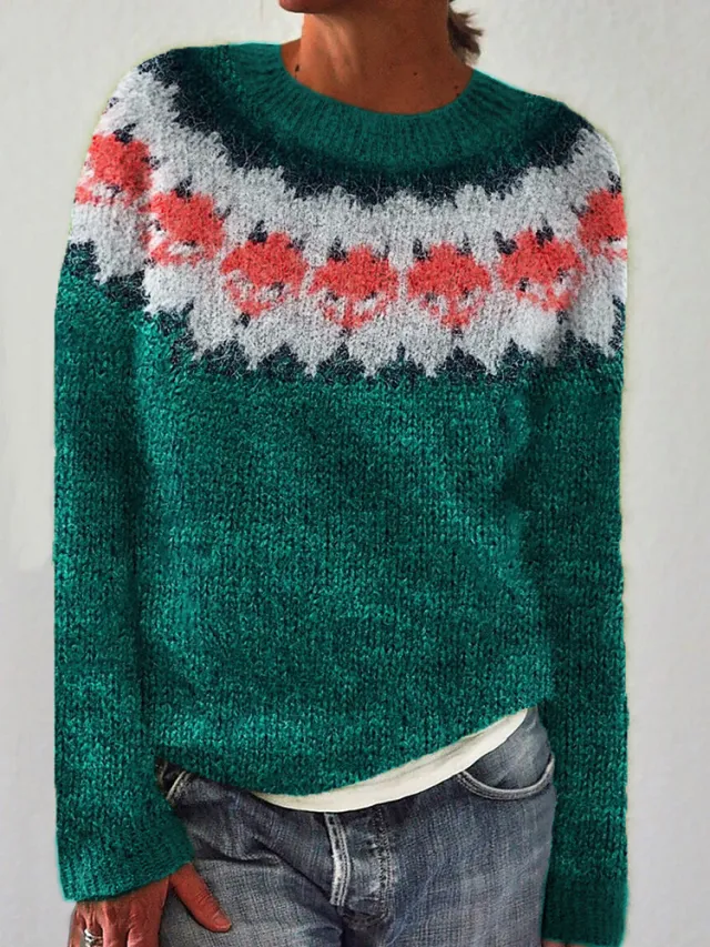 Women's Sweater Round Neck Multicolor Loose Fashion Pullover Sweater Green - Shop at LoveMi
