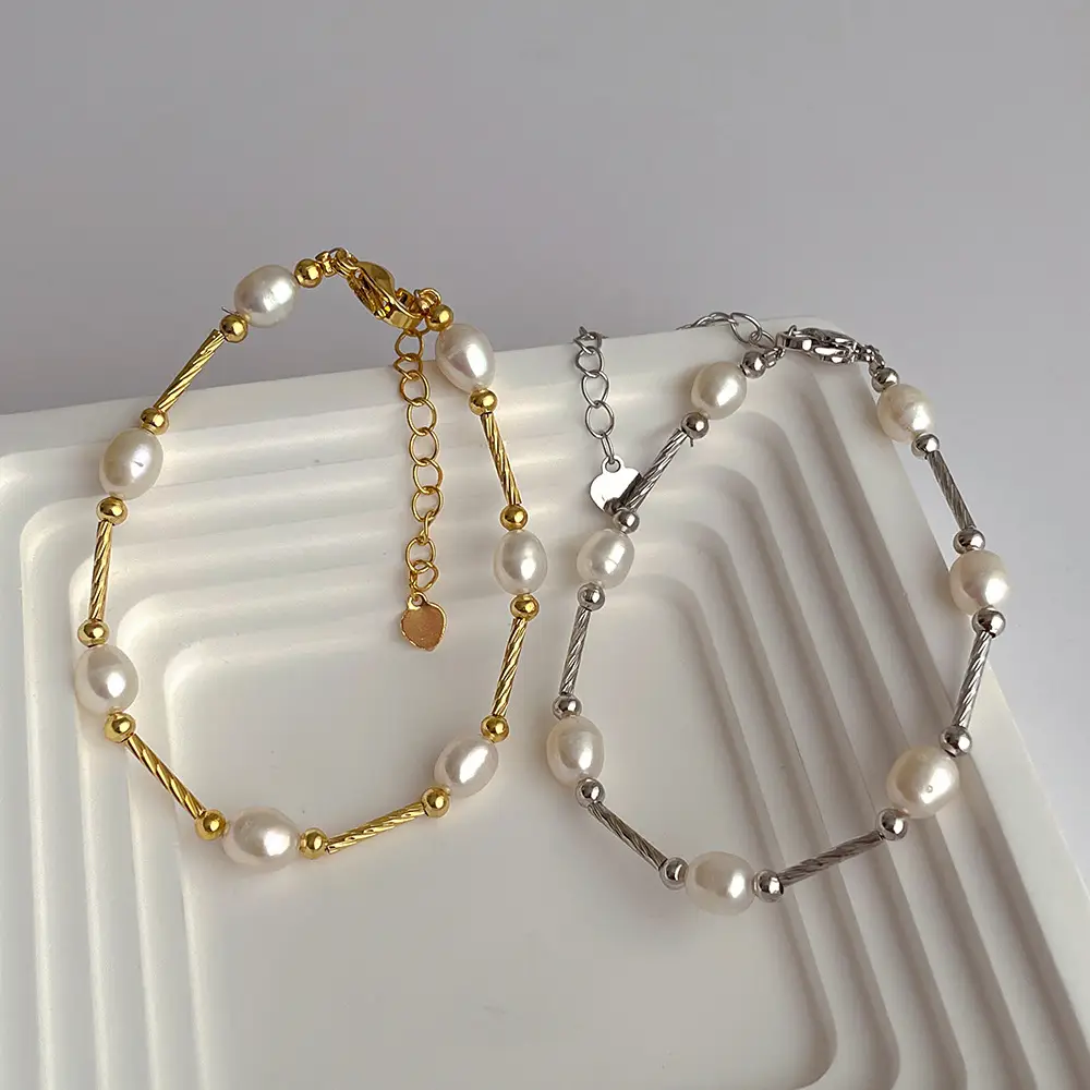 Womens Natural Freshwater Pearl And Stainless Steel Metal Link Bracelet