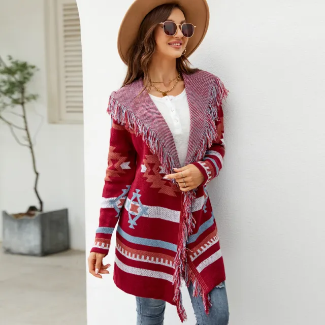 Loose Hooded Tassel Geometric Brocade Sweater Red - Shop at LoveMi