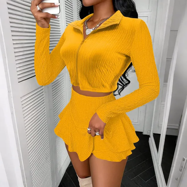 Zipper Short Top Ruffled Pantskirt Skirt Suit Yellow - Shop at LoveMi