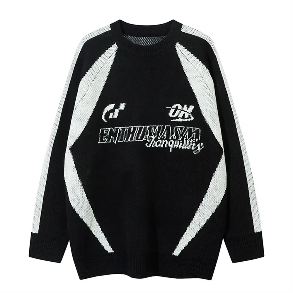 American Letter Color Contrast Patchwork Round Neck Sweater