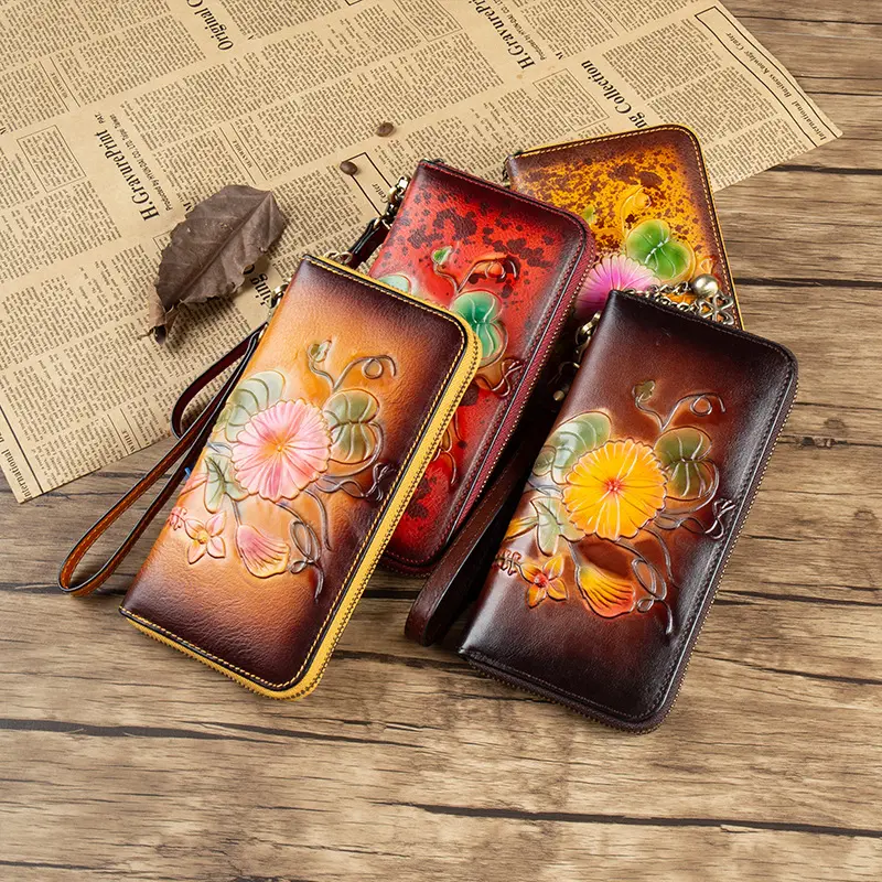 Genuine Leather Long Wallet Bag Hand-Painted Finish