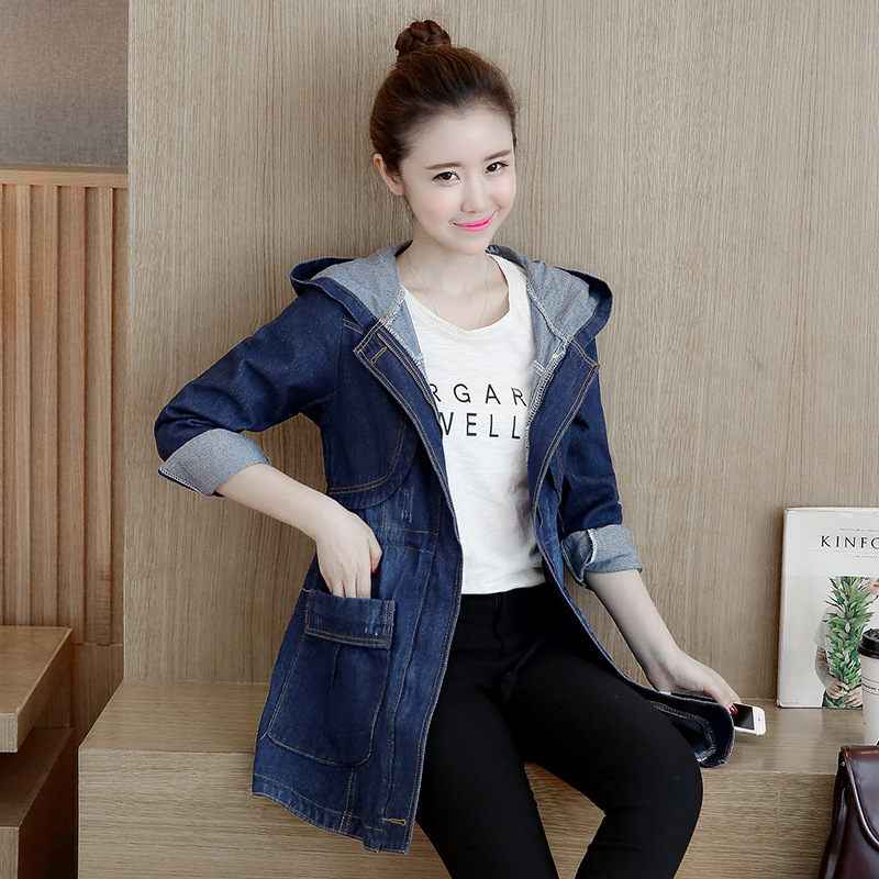 Plus-size Womens Mid-length Slim-fit Denim Trench Coat Jacket