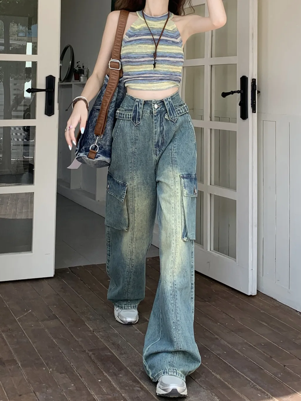 Slim Fit Loose High Waist Slimming Wide Leg American Retro Workwear Straight Jeans For Women - Blue