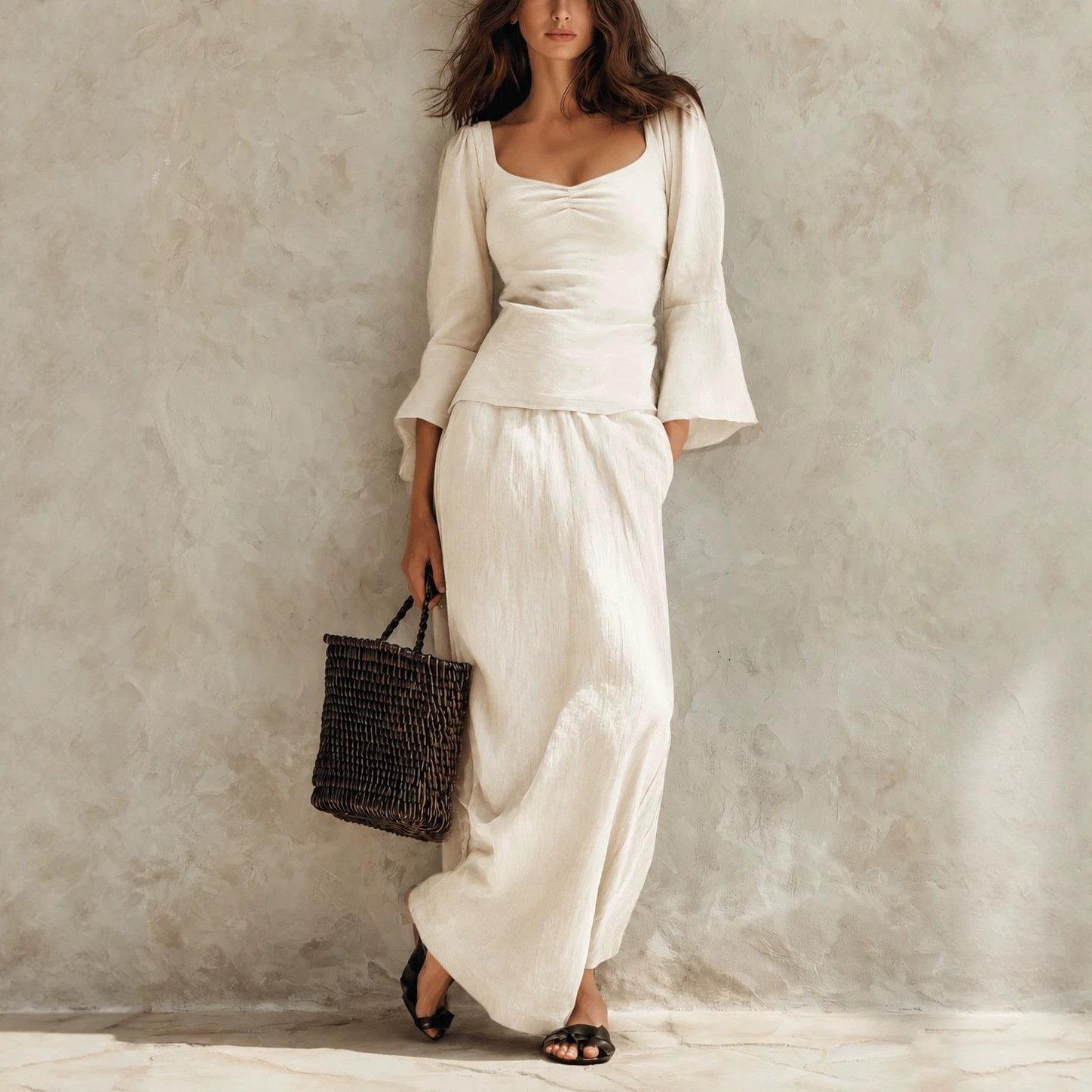 Womens Square-neck Loose-fit Long-sleeve Top And High-waisted Skirt Two-piece Set