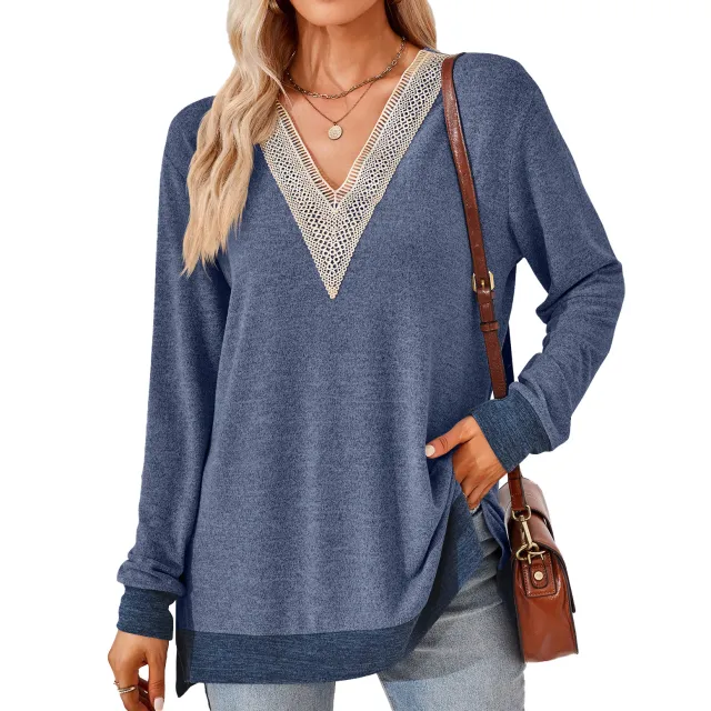 Women's Fashion V neck Lace Solid Color Loose fitting T shirt Top Dream Blue - Shop at LoveMi