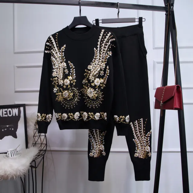 Women's Sequin Bead Long sleeved Sweater Trousers Two piece Set G Black - Shop at LoveMi