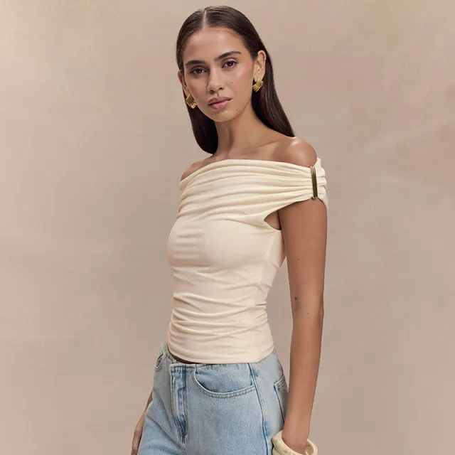Women's Solid Color Pleated Off shoulder Slim Off shoulder Top Light Apricot - Shop at LoveMi