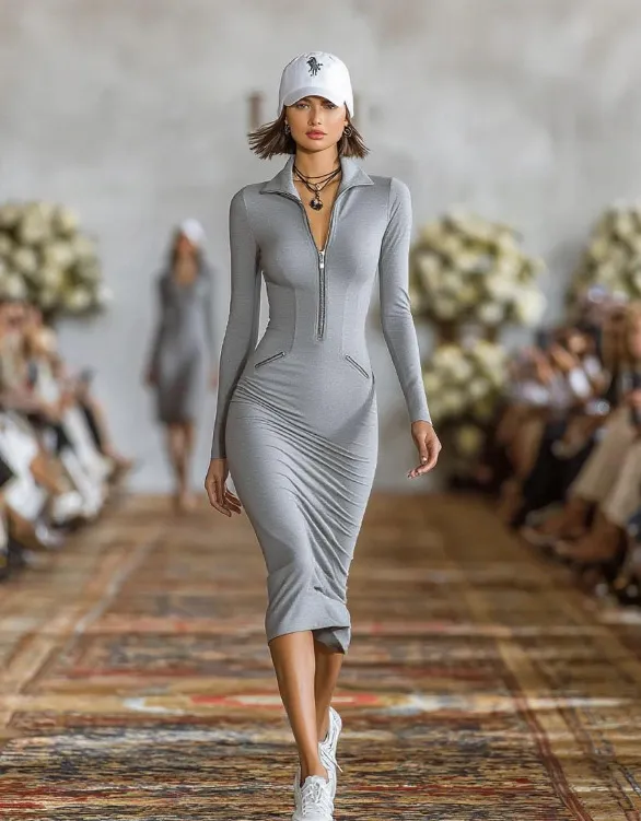 Zip up Polo Neck FallWinter Slim Fit Casual Long Sleeve Dress Gray - Shop at LoveMi
