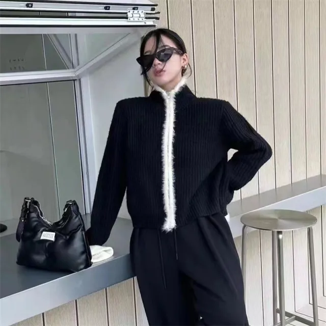 Sweet Contrast Color Long Sleeve Knitted Idle Style Zipper Sweater Cardigan For Women Black - Shop at LoveMi