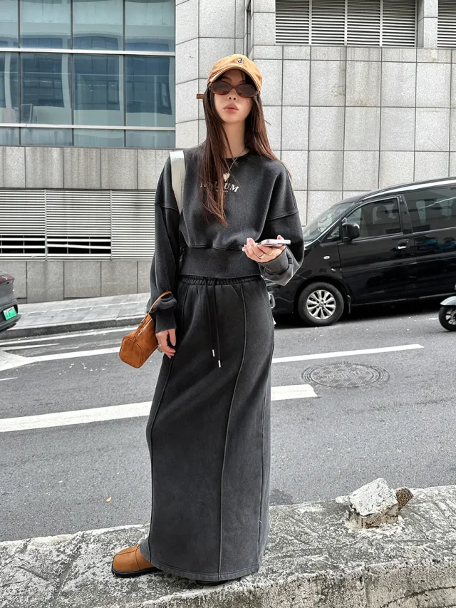 Thickened Fleece lined Sunken Stripe Half length Straight Slim fit Slimming Solid Color Mid length Dress Black - Shop at LoveMi