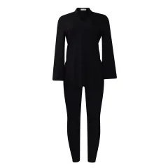 Solid Colour Plus Size V-neck Long Sleeve Top Pants Suit - Black - View 1