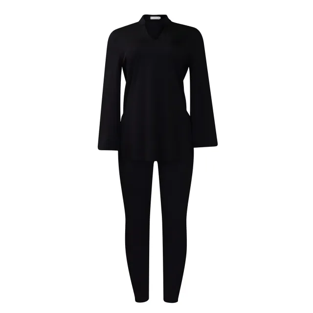 Solid Color Plus Size V neck Long Sleeve Top Pants Suit Black - Shop at LoveMi