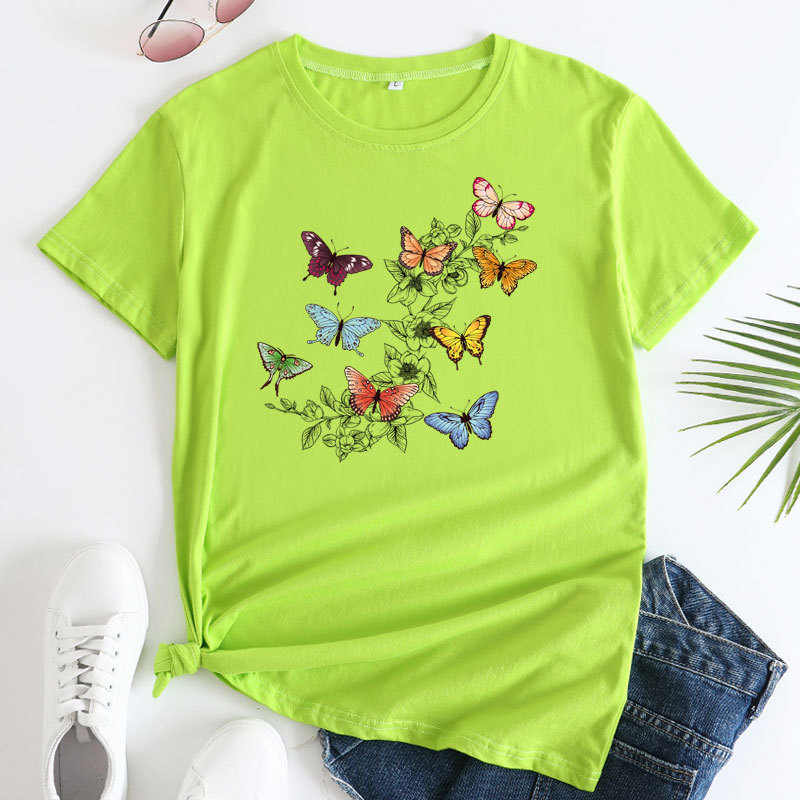 Butterfly Print Love Cotton Short sleeved T shirt For Women Green - Shop at LoveMi