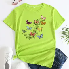 Butterfly Print Love Cotton Short-sleeved T-shirt For Women - Green - View 1