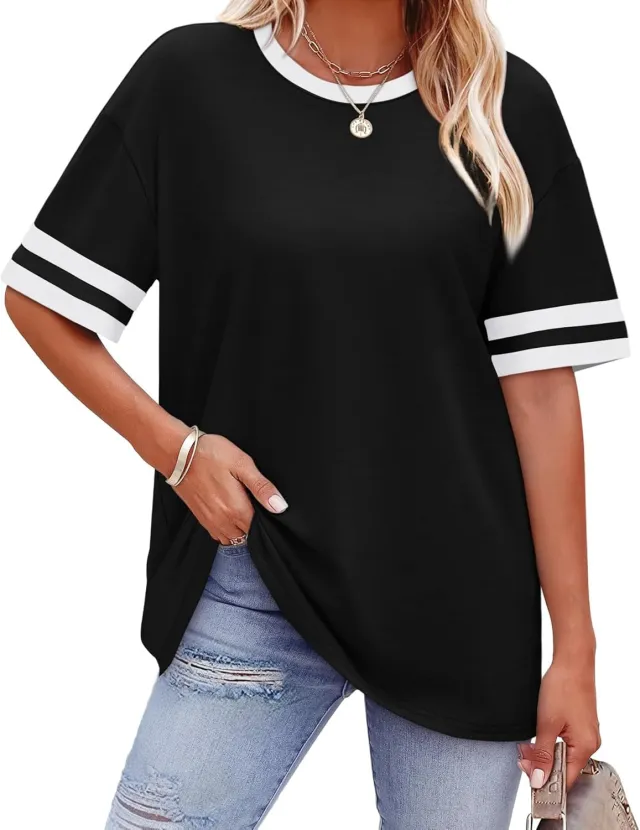 Casual Women's Striped Waist Plus Size T shirt Black - Shop at LoveMi