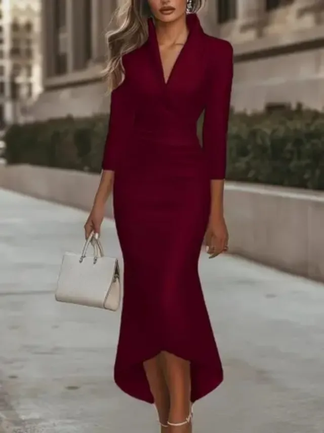 Elegant Solid color Long sleeve V neck Satin Dress Red - Shop at LoveMi