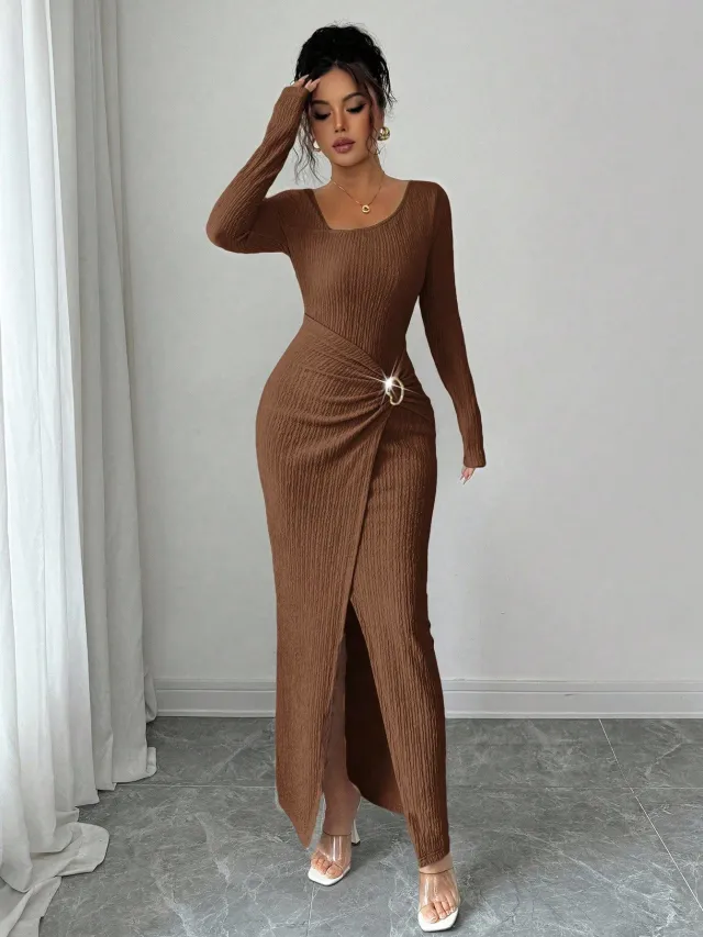 Autumn And Winter Irregular Neckline Solid Color Knitted Texture Long Dress For Women Brown - Shop at LoveMi