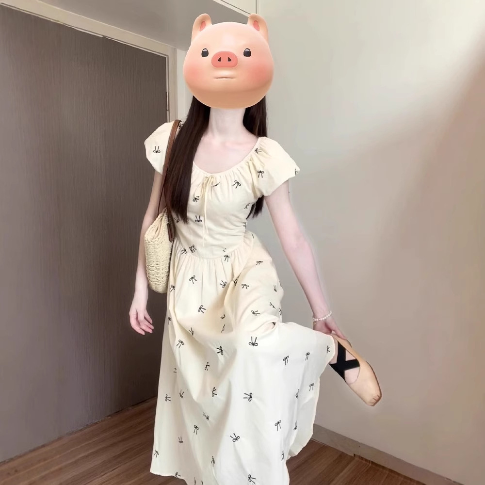 Womens French-style Floral Dress With Bow And Puffed Sleeves