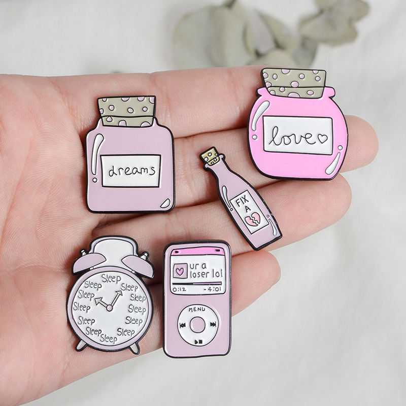 Title 10, Cute Cartoon Pink Alarm Clock Bottle Alloy Brooch