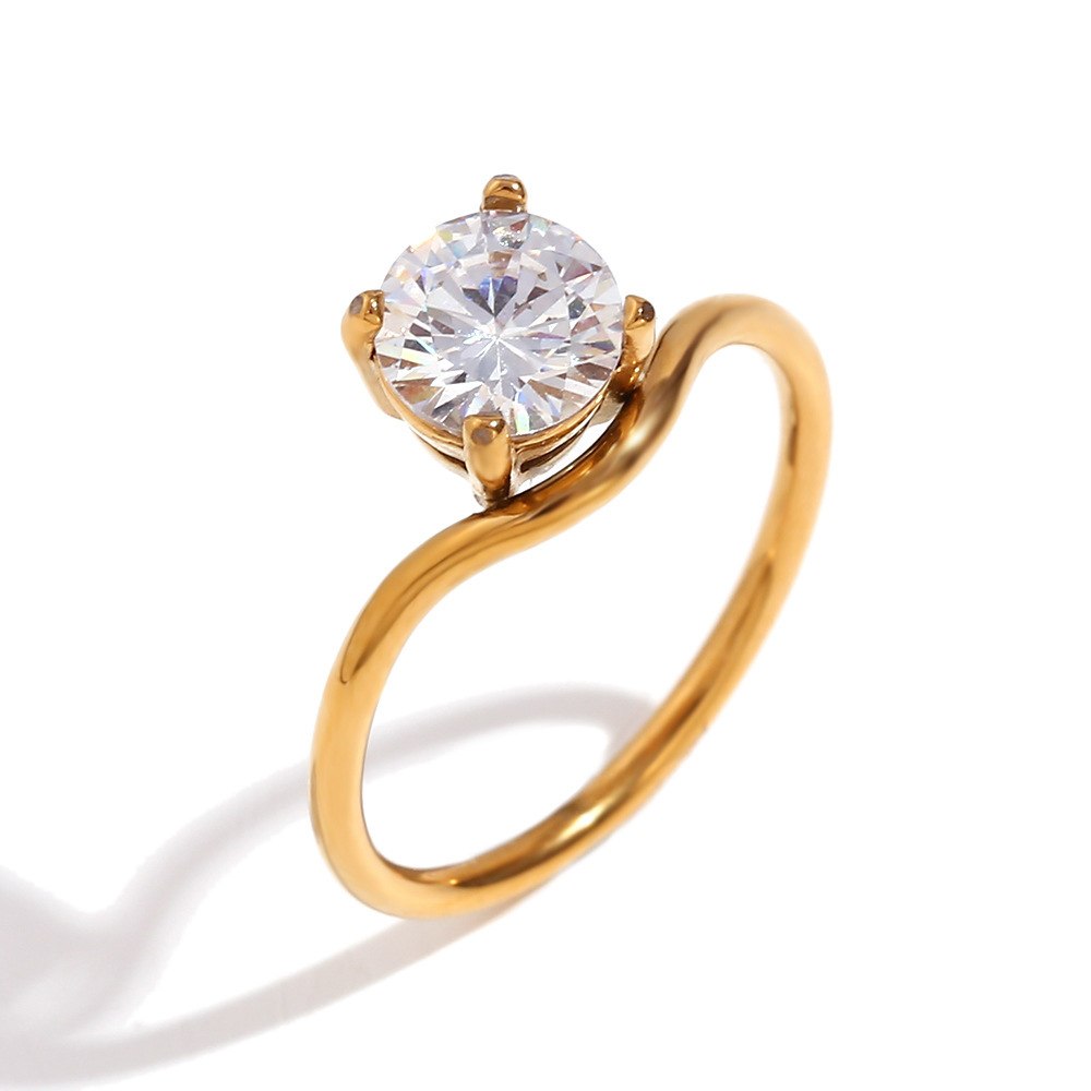 Geometric Zirconia Wave Ring Set | Gold Stainless Steel Band — view 7