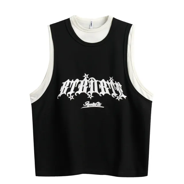 Fake Sports Vest Casual Letter Embroidered Loose Top Black - Shop at LoveMi