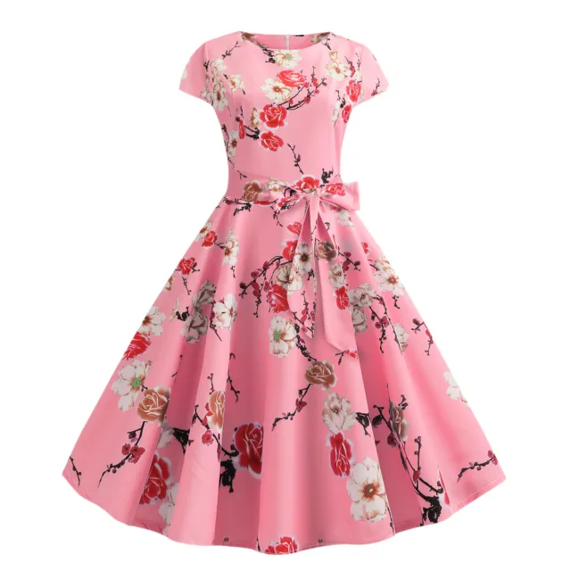 Retro Crew Neck Sleeve Waist Belt Printed Large Swing Dress Pink - Shop at LoveMi