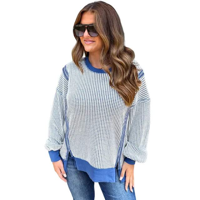 Loose Casual Round Neck Knitted Top Dark Blue - Shop at LoveMi