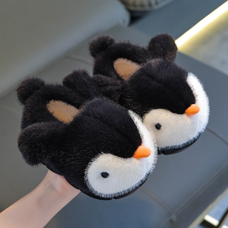 Warm Fleece-lined Fluffy Penguin Cotton Slippers For Boys And Girls