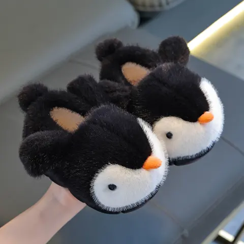 Warm Fleece-lined Fluffy Penguin Cotton Slippers for Boys