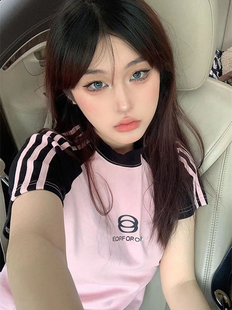 Retro Color Contrast Patchwork Slim Fit Slimming Short Top