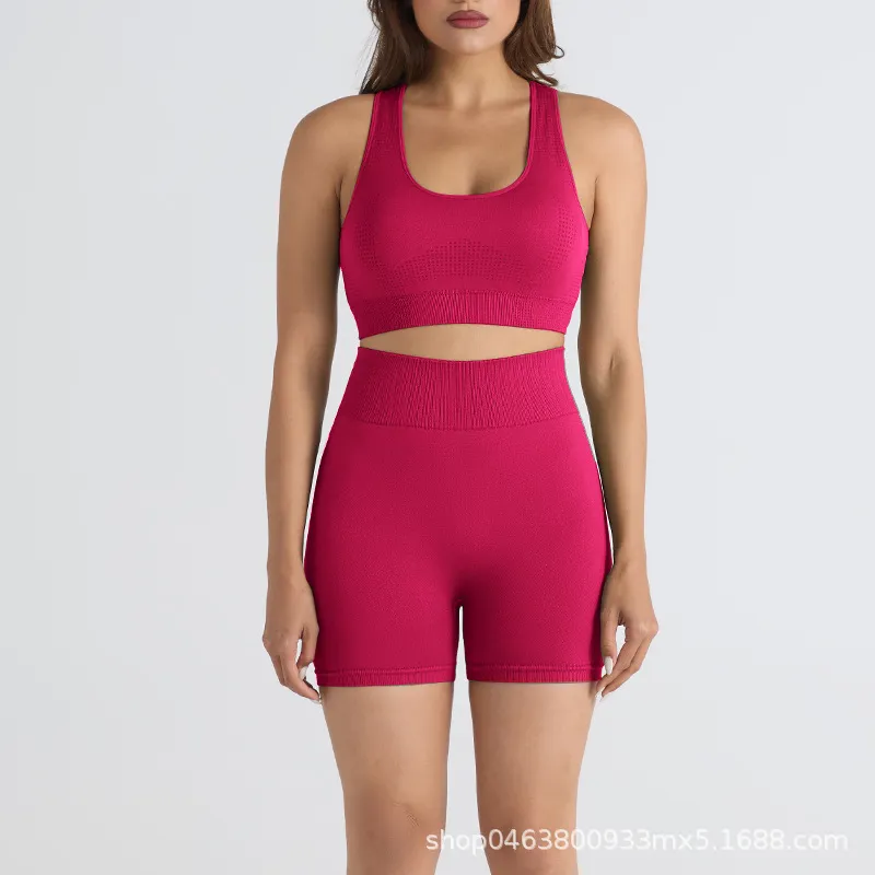 Thread Outdoor Sports Fitness Clothes High Elastic Suit - Raspberry Suit Shorts Vest-S