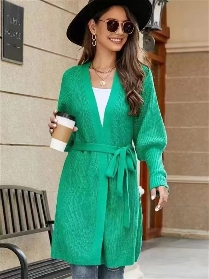 Women's Solid Color Knitted Lace-up Cardigan Sweater - Green