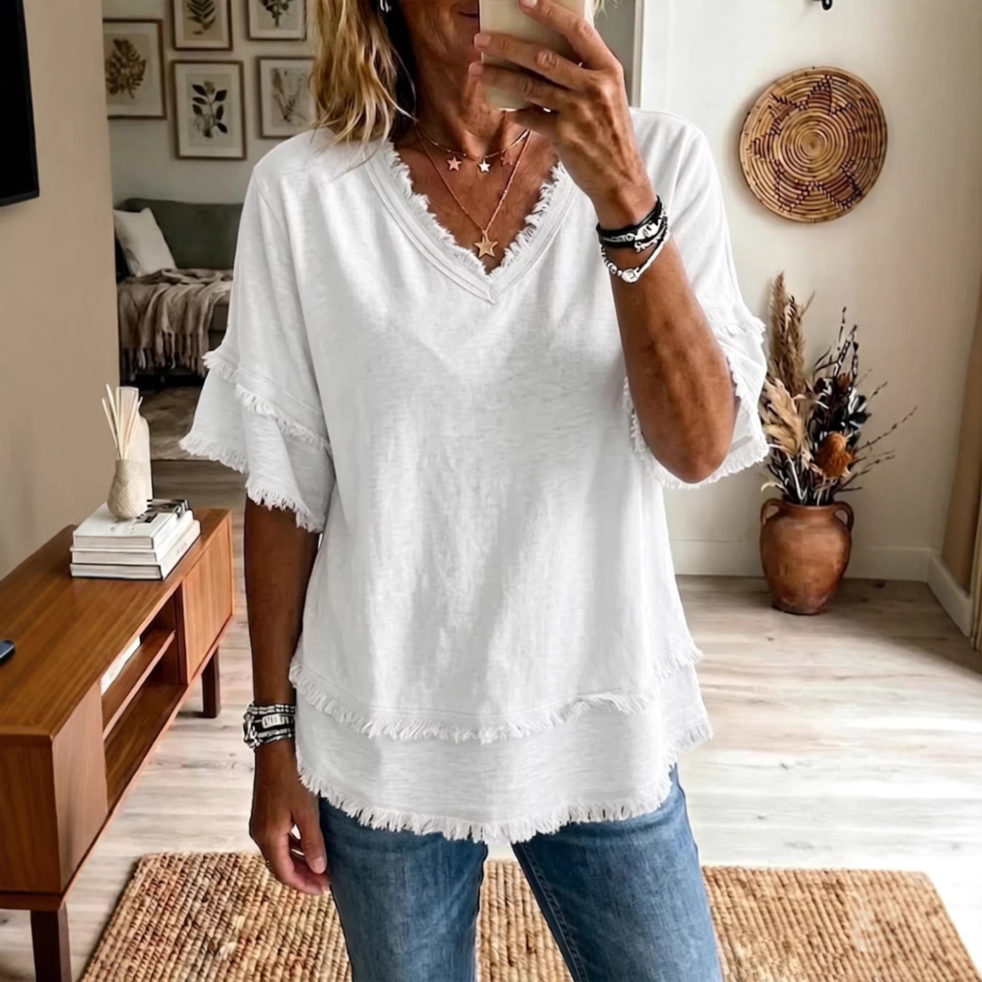 Women's V-Neck Pullover Short-Sleeve Loose Shirt