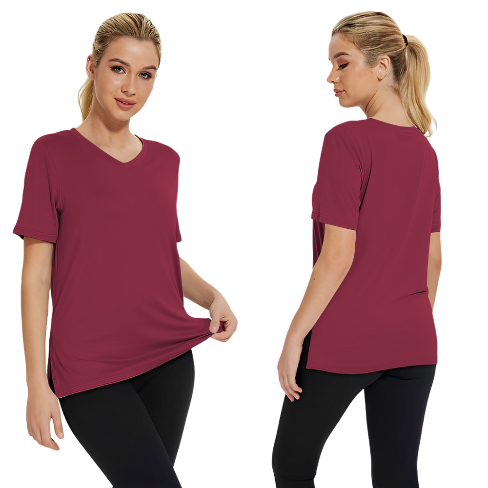 Short Sleeve Loose Split Top Solid Color Women's Clothing Wine Red - Shop at LoveMi