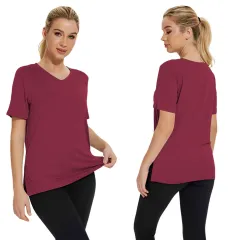 Short Sleeve Loose Split Top Solid Color Women's Clothing - Wine Red - View 1