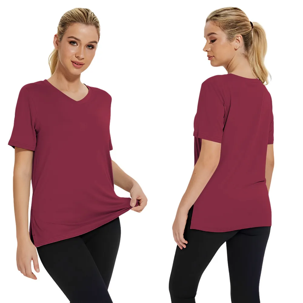Short Sleeve Loose Split Top Solid Color Women's Clothing - Wine Red