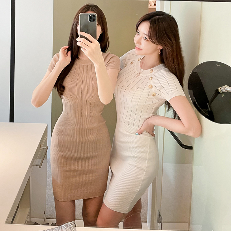 Korean-style Womens Hollow-out Short-sleeve Sweater Dress